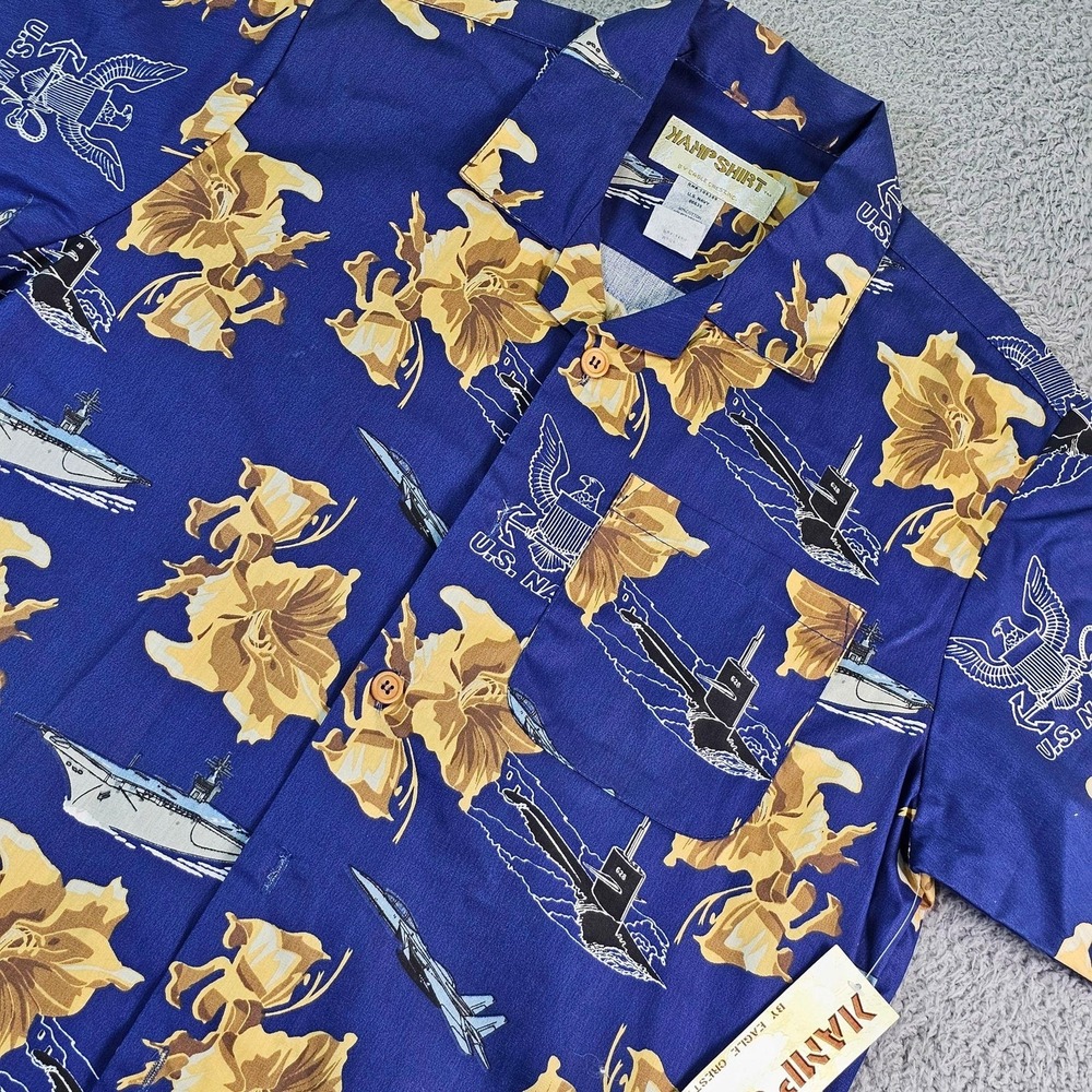 Kamp Shirt Mens Large Blue U.S. Navy Floral Hawaiian Short Sleeve Button Up